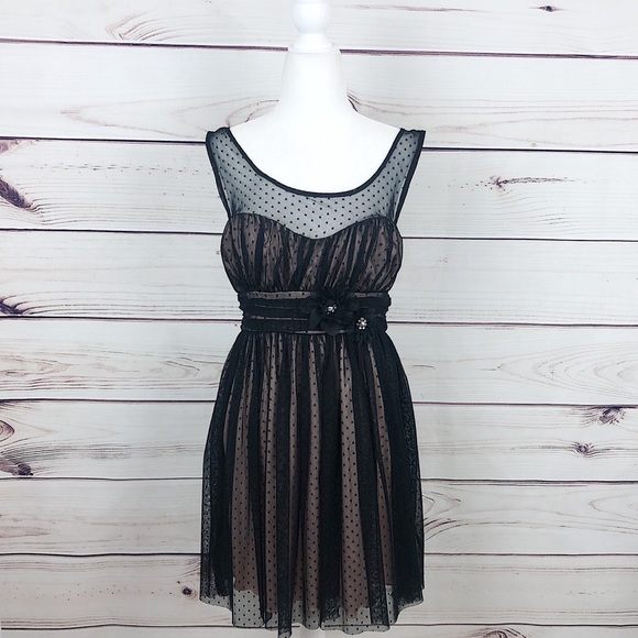BCX Black & Nude Illusion Neckline Polka Dot Dress - Picture 3 of 9
